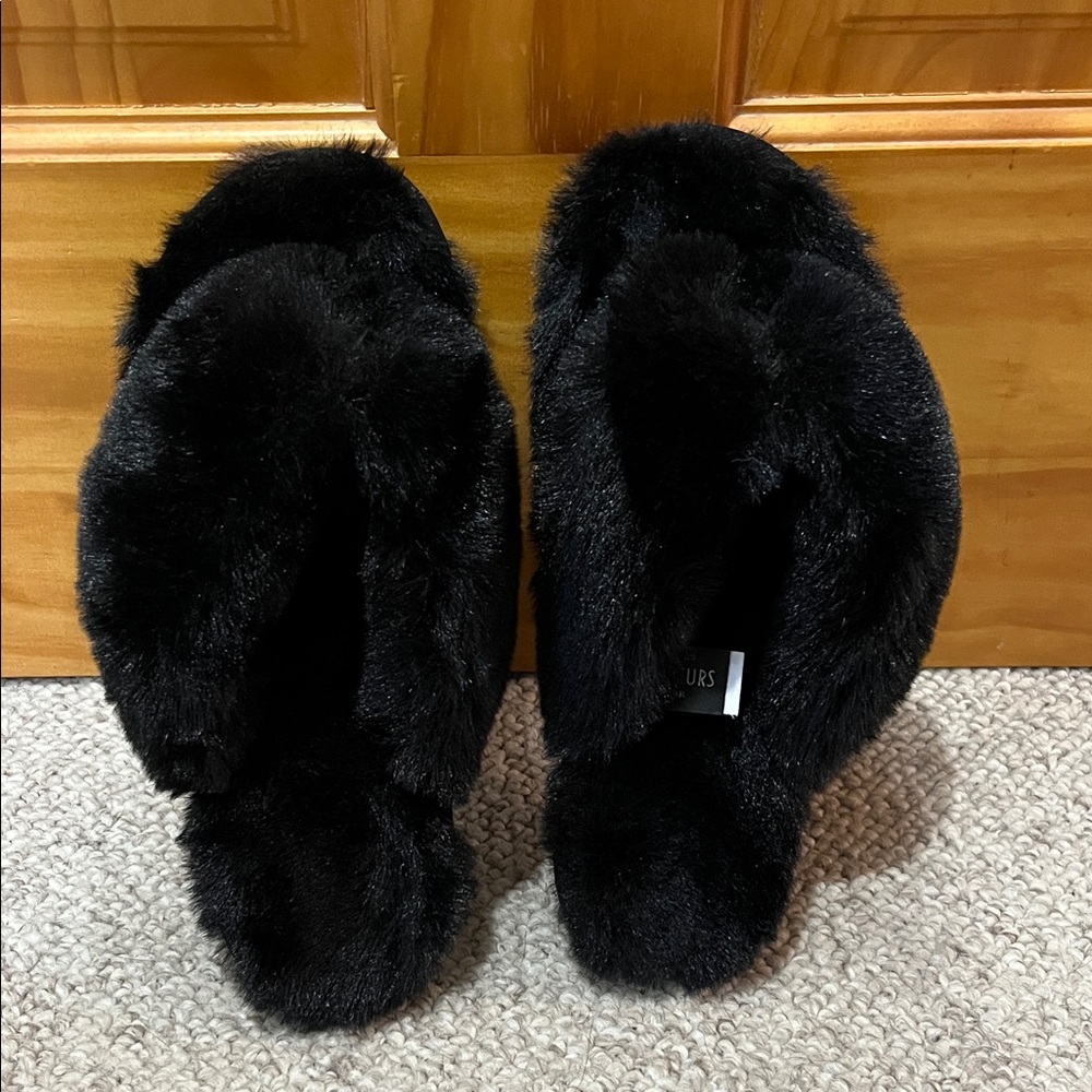 Fabulous Furs Black Faux Fur Thong Slippers